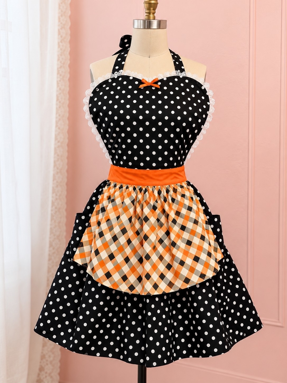 Handmade Retro Halloween Apron Black Polka Dot Candy Corn Plaid
